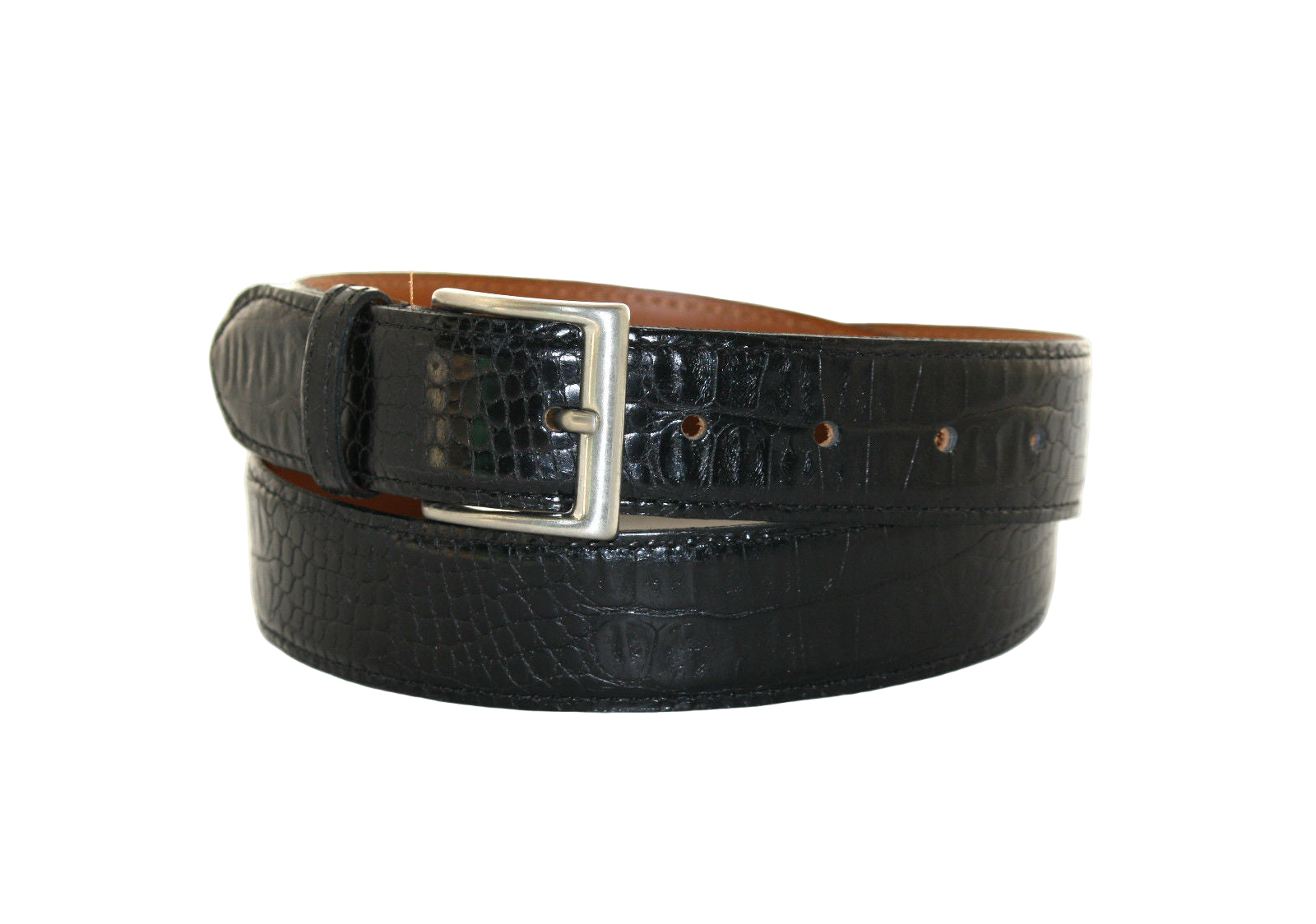 Black crocodile-patterned belt with a silver buckle on a white background