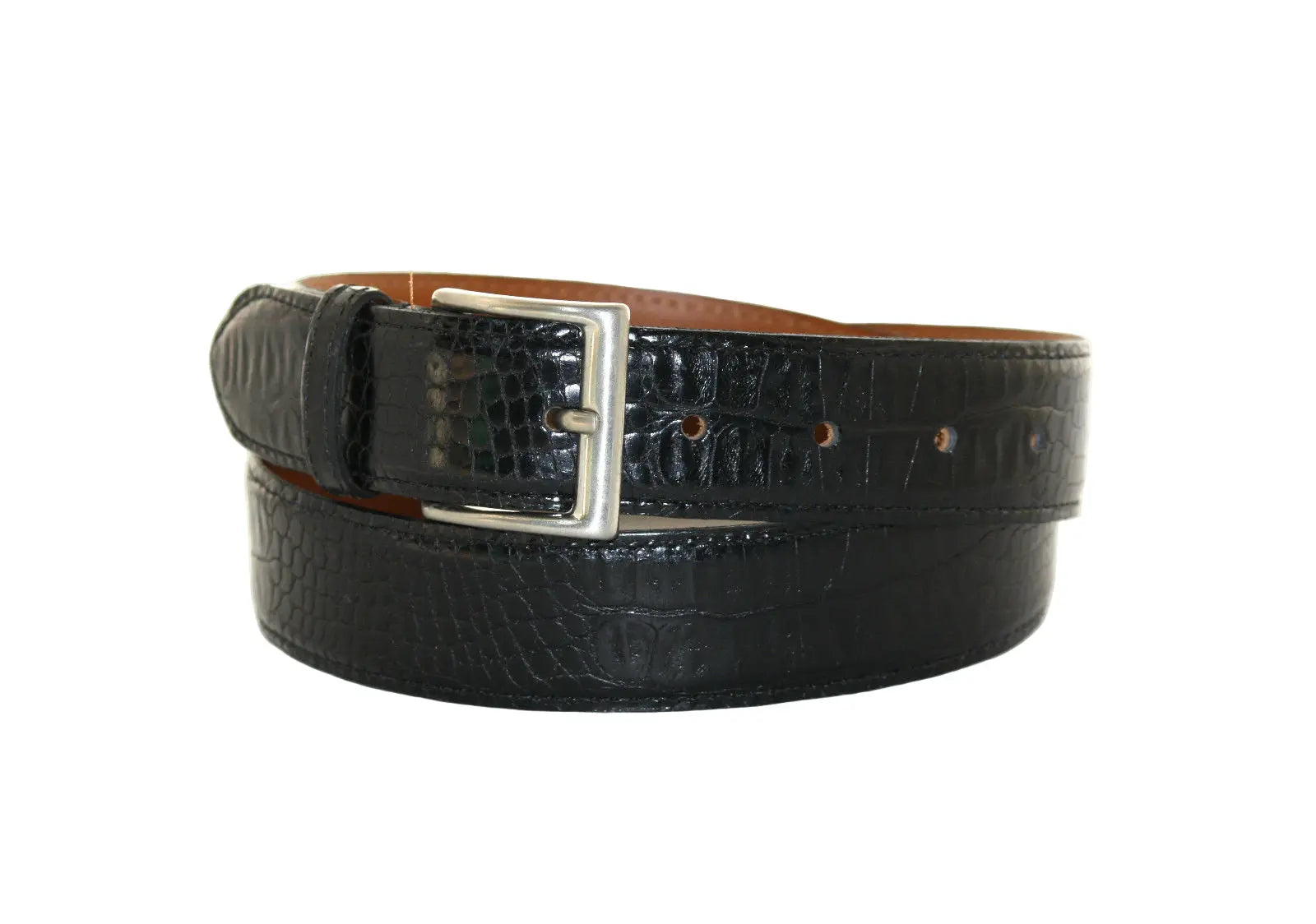 Black crocodile-patterned belt with a silver buckle on a white background