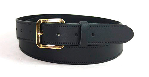Black leather belt with a gold buckle on a white background