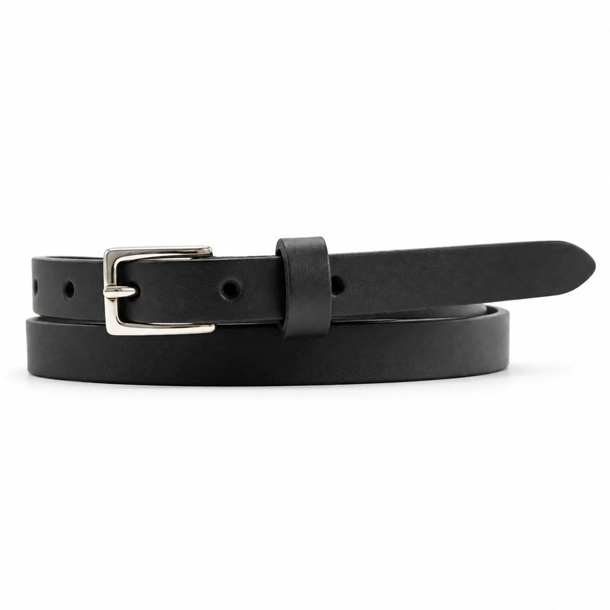 A thin 15mm black leather belt with a silver-tone metal buckle, neatly coiled on a solid white background.