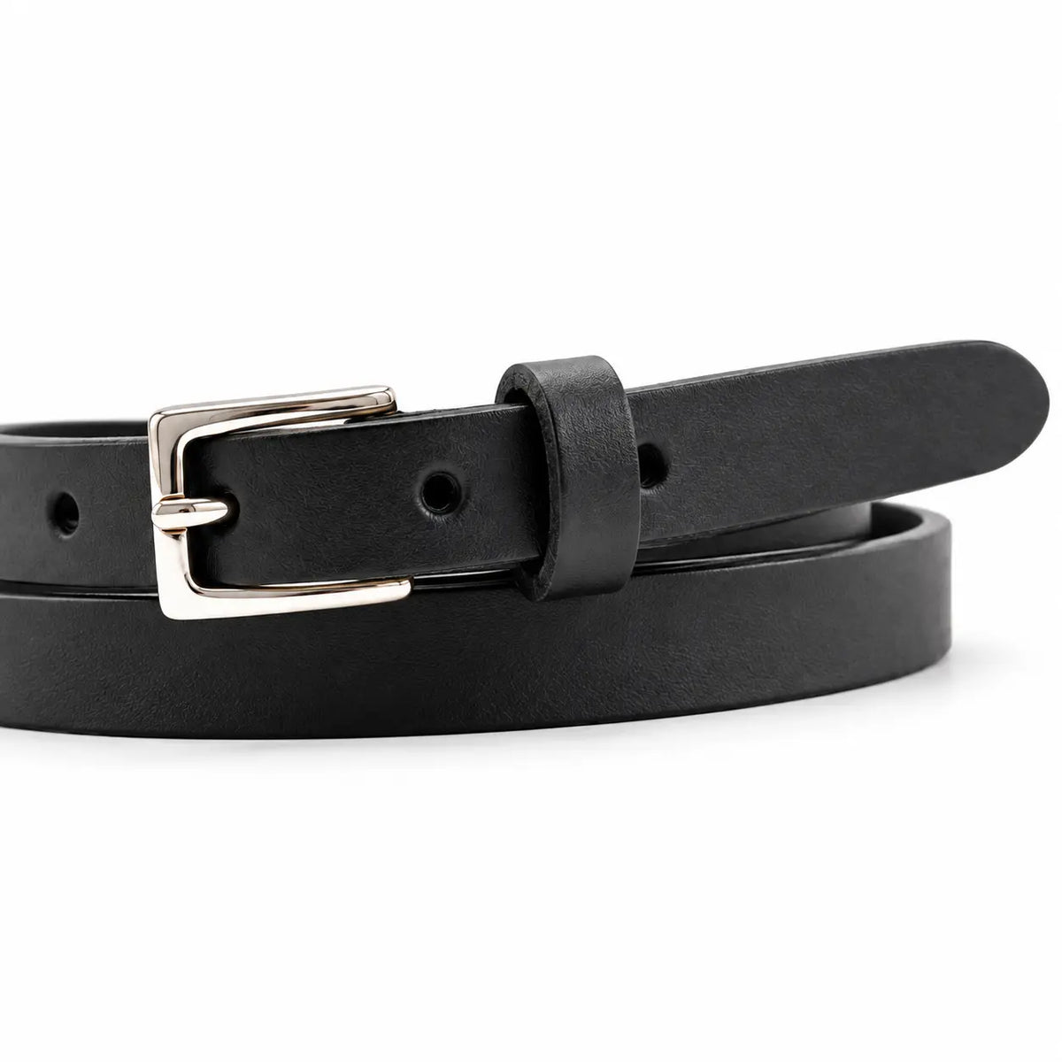 A slim 15mm black leather belt with a polished silver-tone metal buckle, neatly coiled on a clean white background.