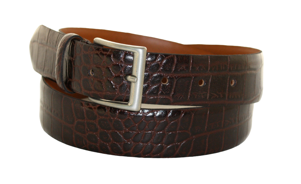 Brown crocodile-patterned belt with a silver buckle on a white background