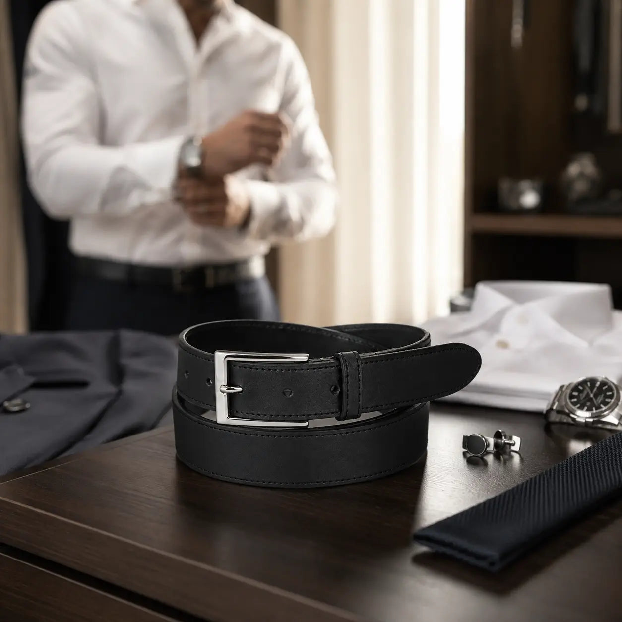 Mens Premium Black Leather Belt - Real Stitching - 30mm Flash My Buckle
