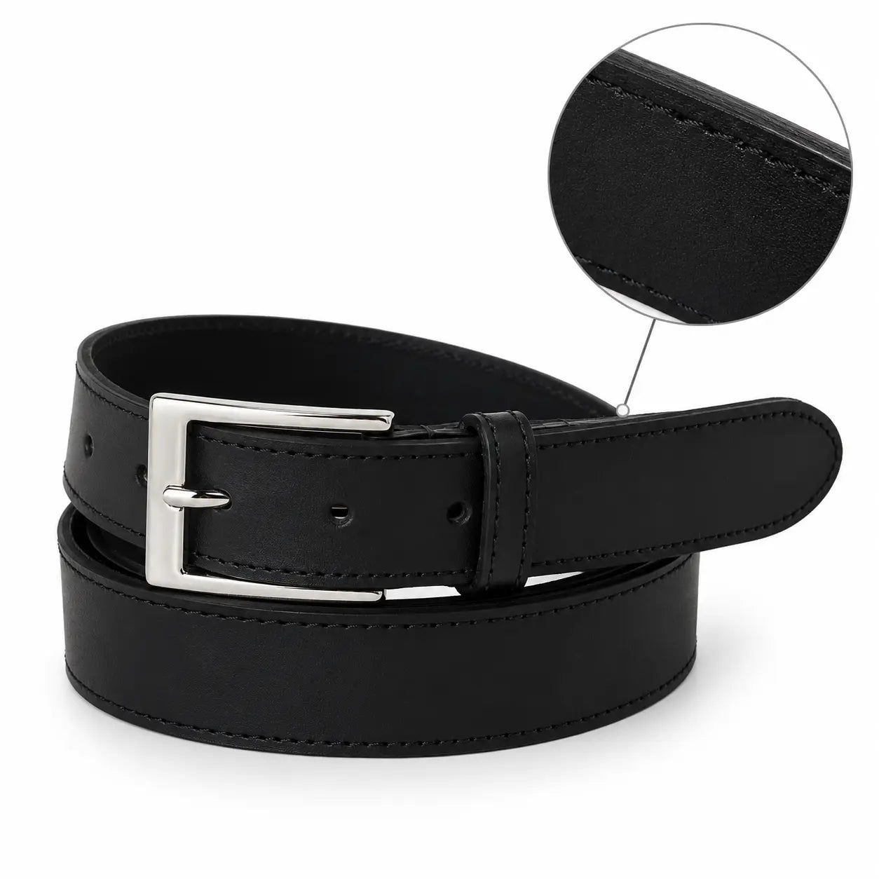 Black leather belt with silver buckle on a white background