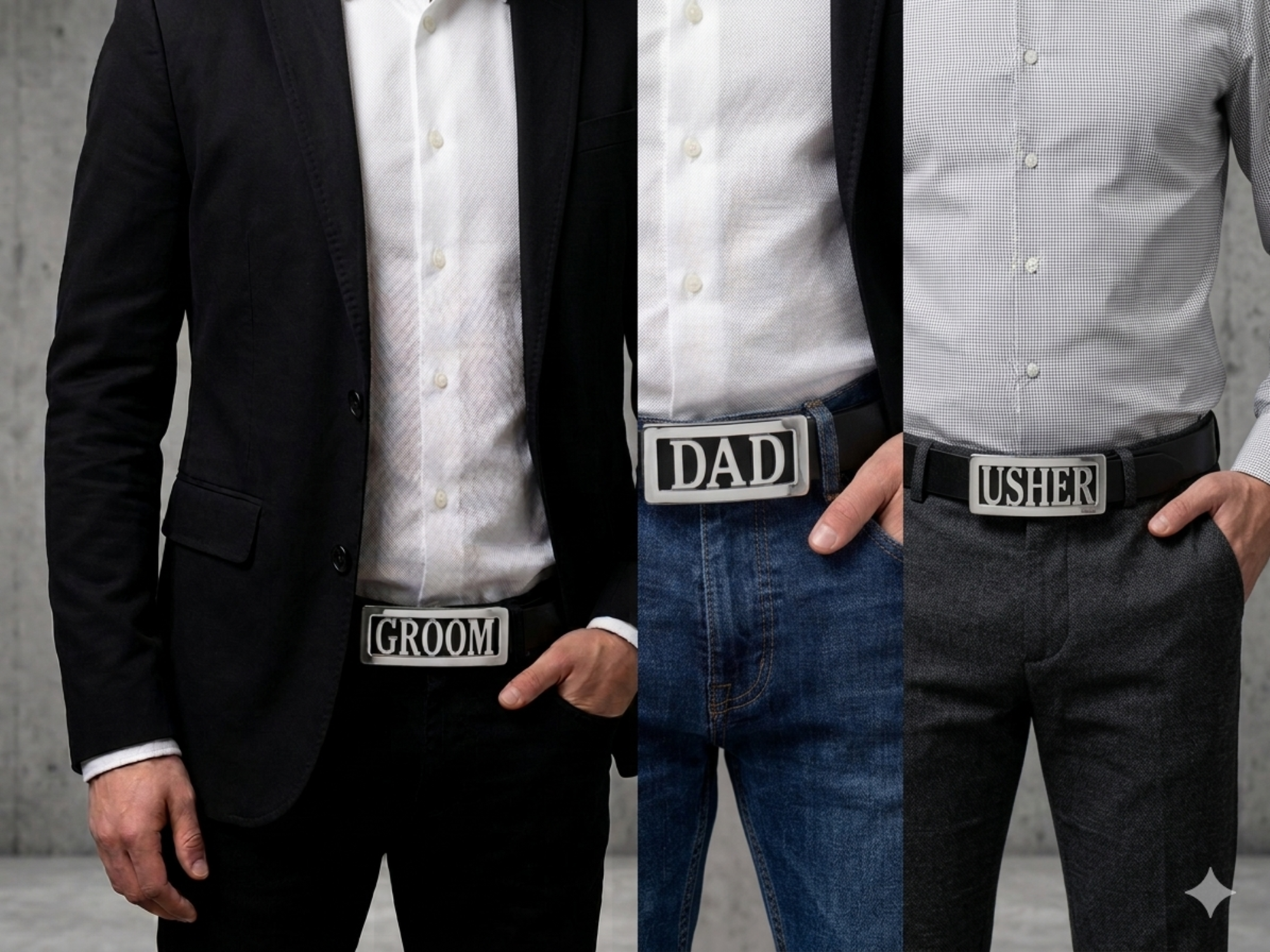 Three people wearing belts with 'Groom', 'Dad', and 'Usher' belt buckles against a neutral background.