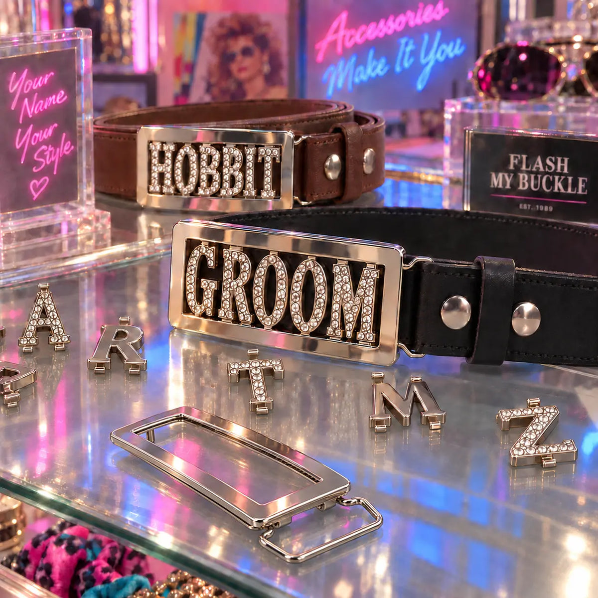 Three customizable rhinestone-embellished belt buckles displayed on a glass shelf in a colorful boutique setting. The buckles read 'HOBBIT', 'GROOM', and a blank metal frame, with brown and black belts behind them.