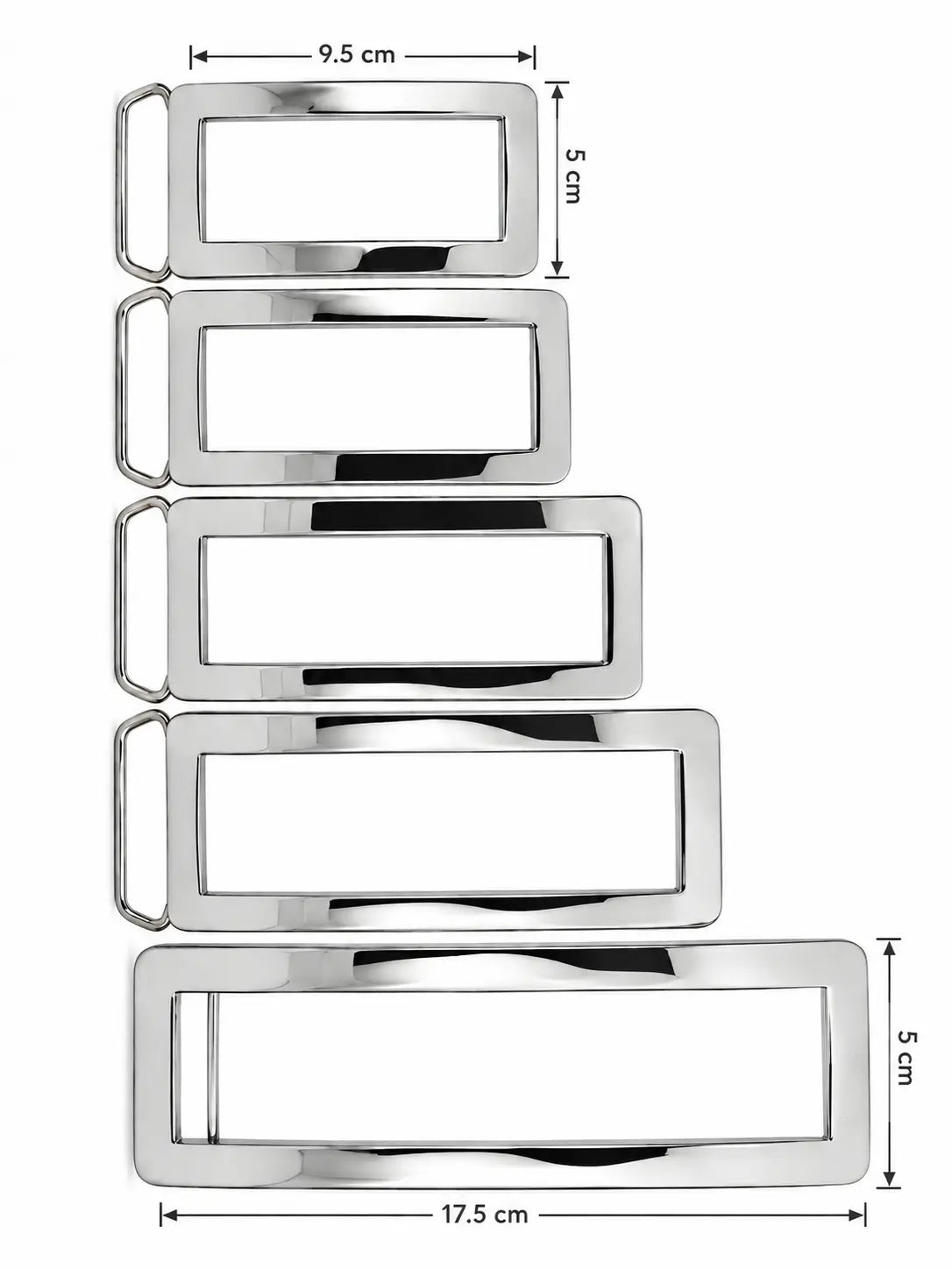 Five polished silver metal belt buckle frames of increasing height, shown on a white background with dimension labels indicating 5 cm width and heights ranging from 9.5 cm to 17.
