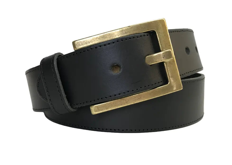 Black Stitched Genuine Leather Belt - Antique Brass Buckle - Leather Keeper Flash My Buckle