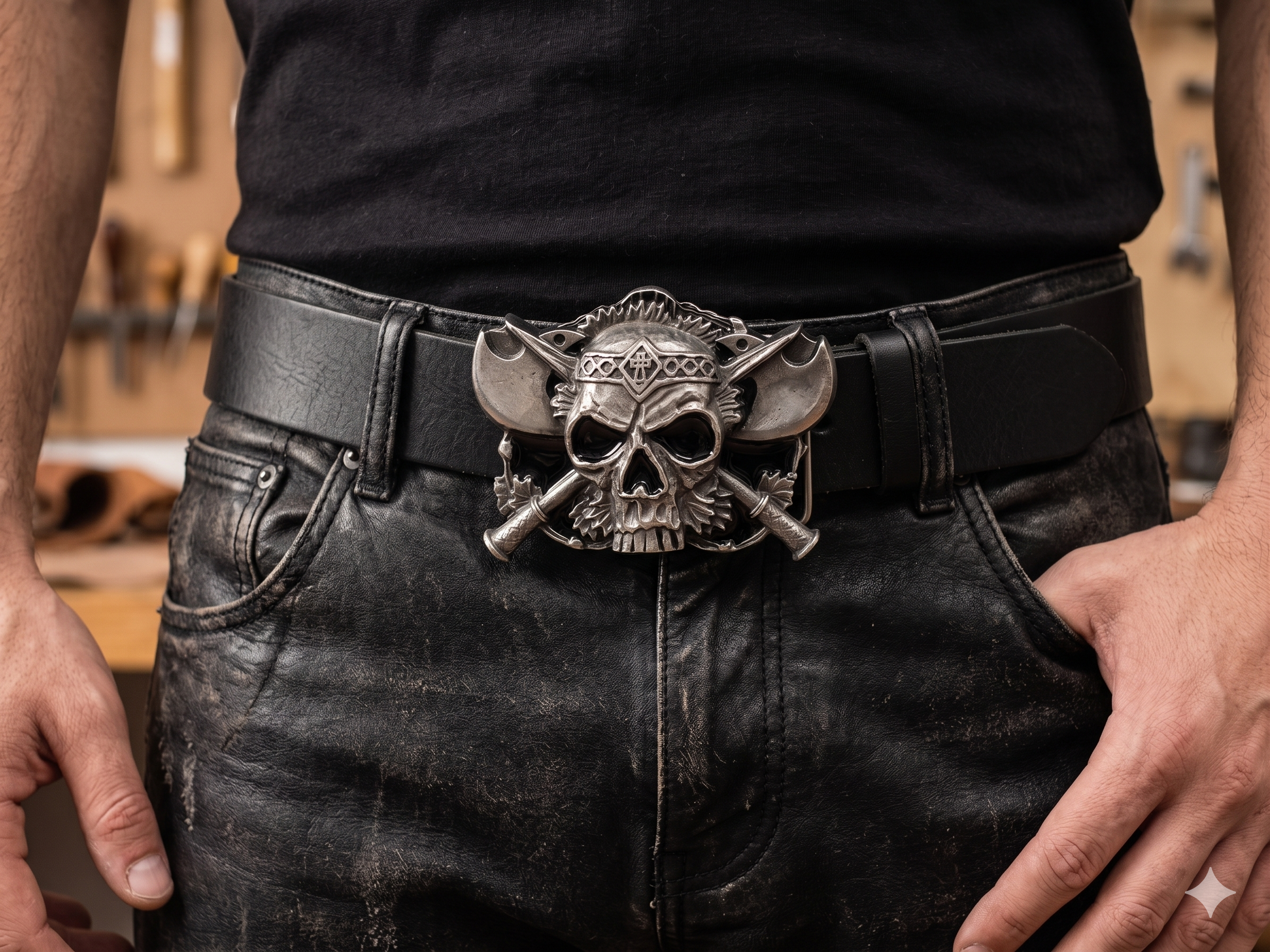 Man wearing Skull and crosses belt buckle