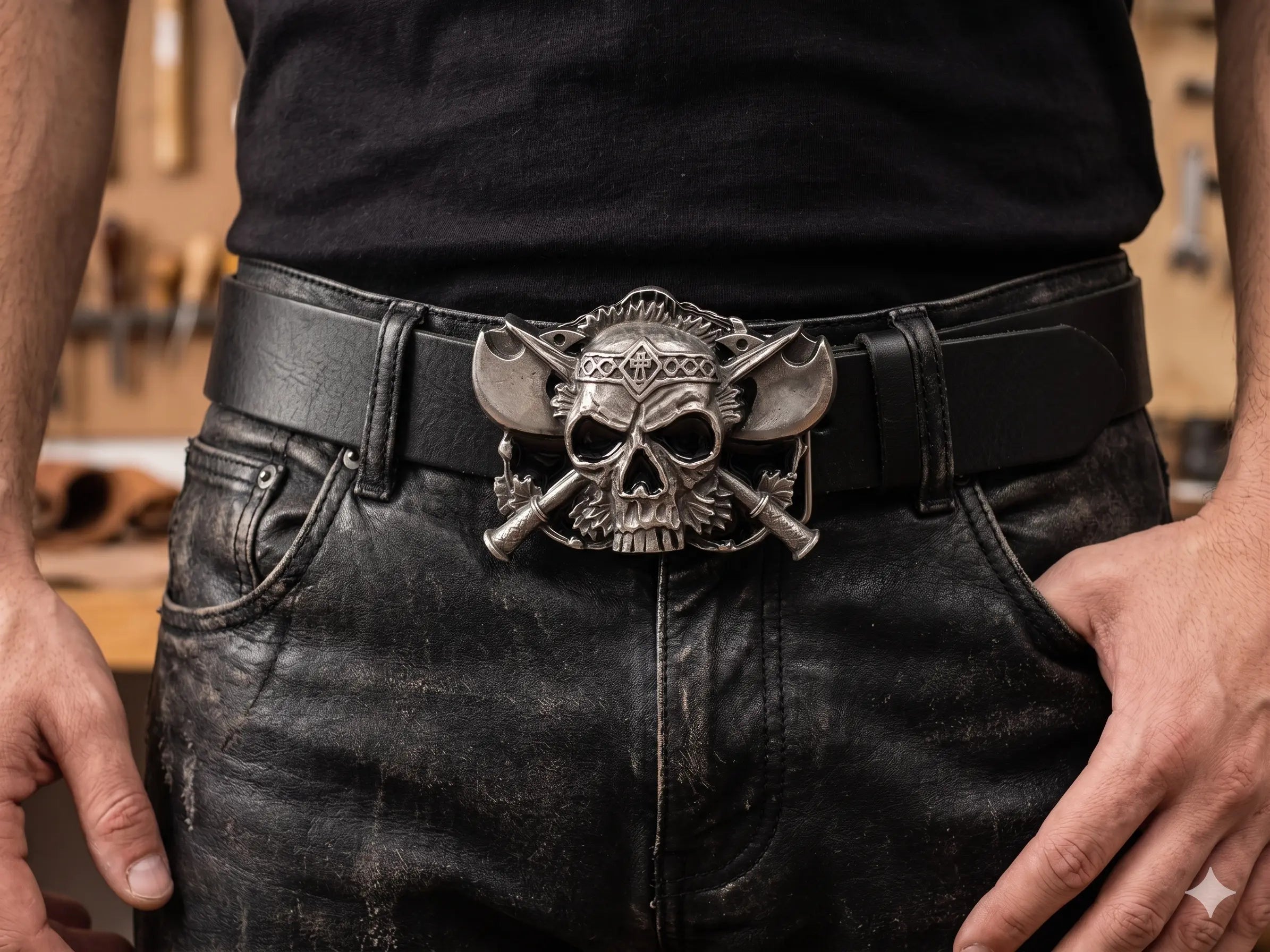 Man wearing Skull and crosses belt buckle
