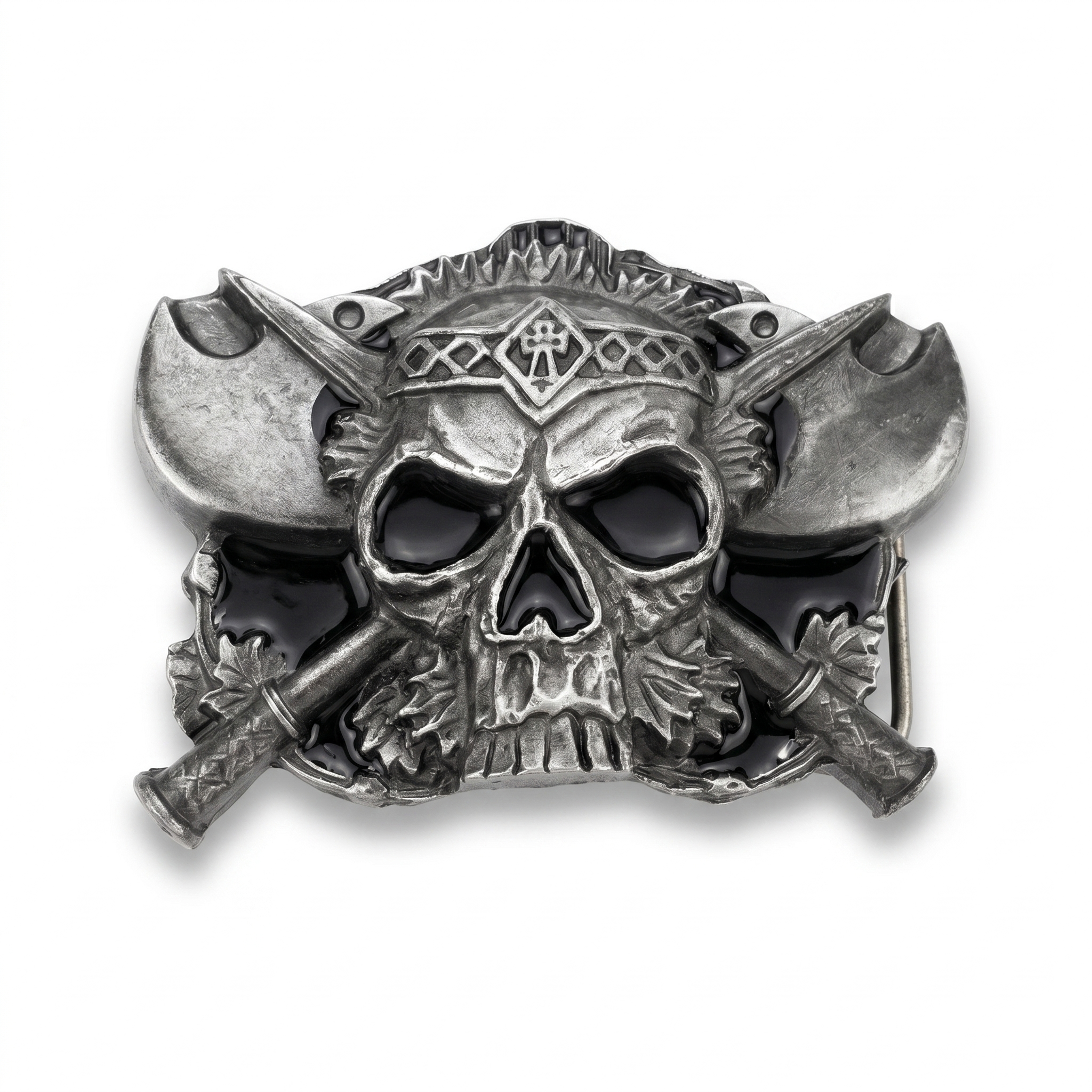 Pirate-themed skull with crossed axes on a white background