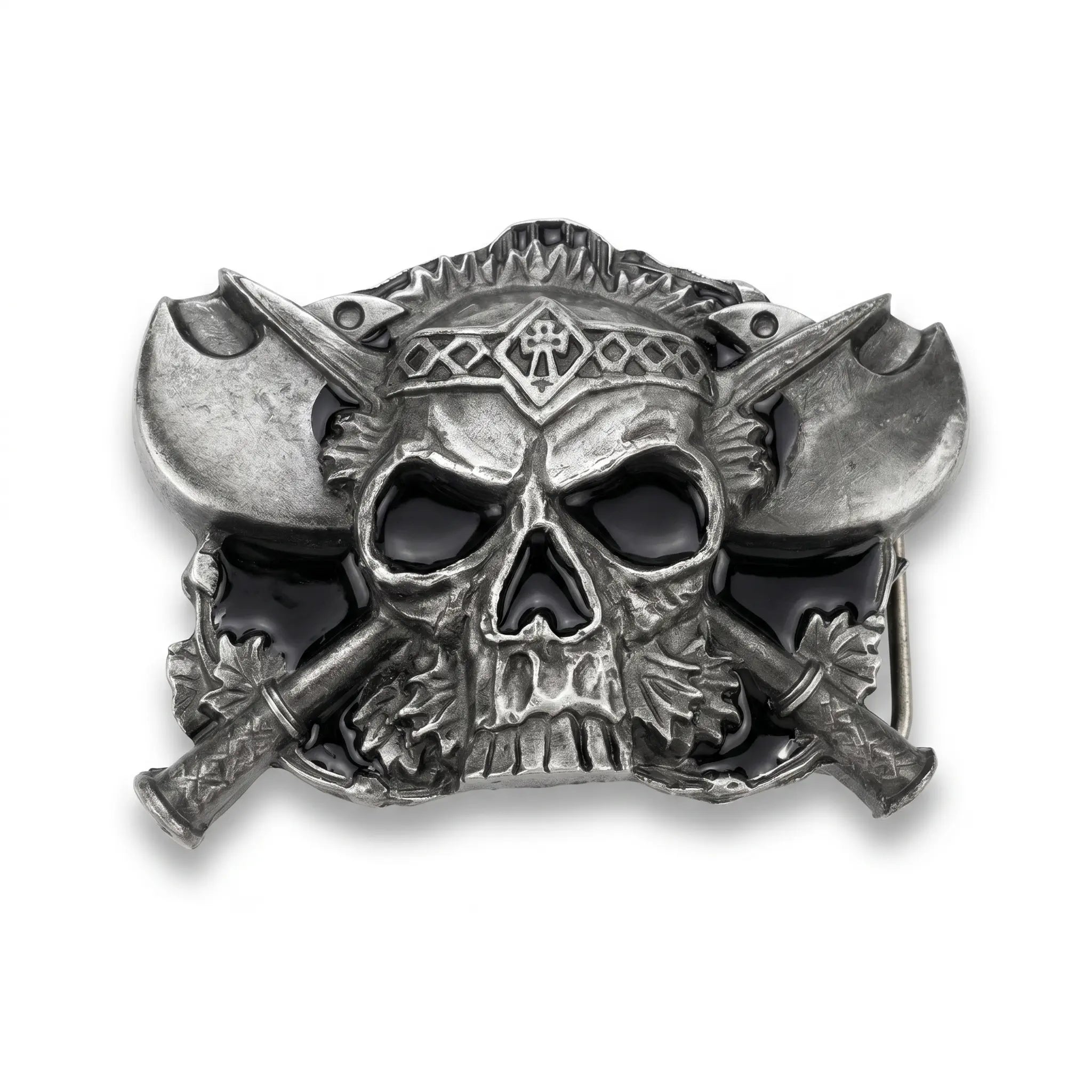 Pirate-themed skull with crossed axes on a white background