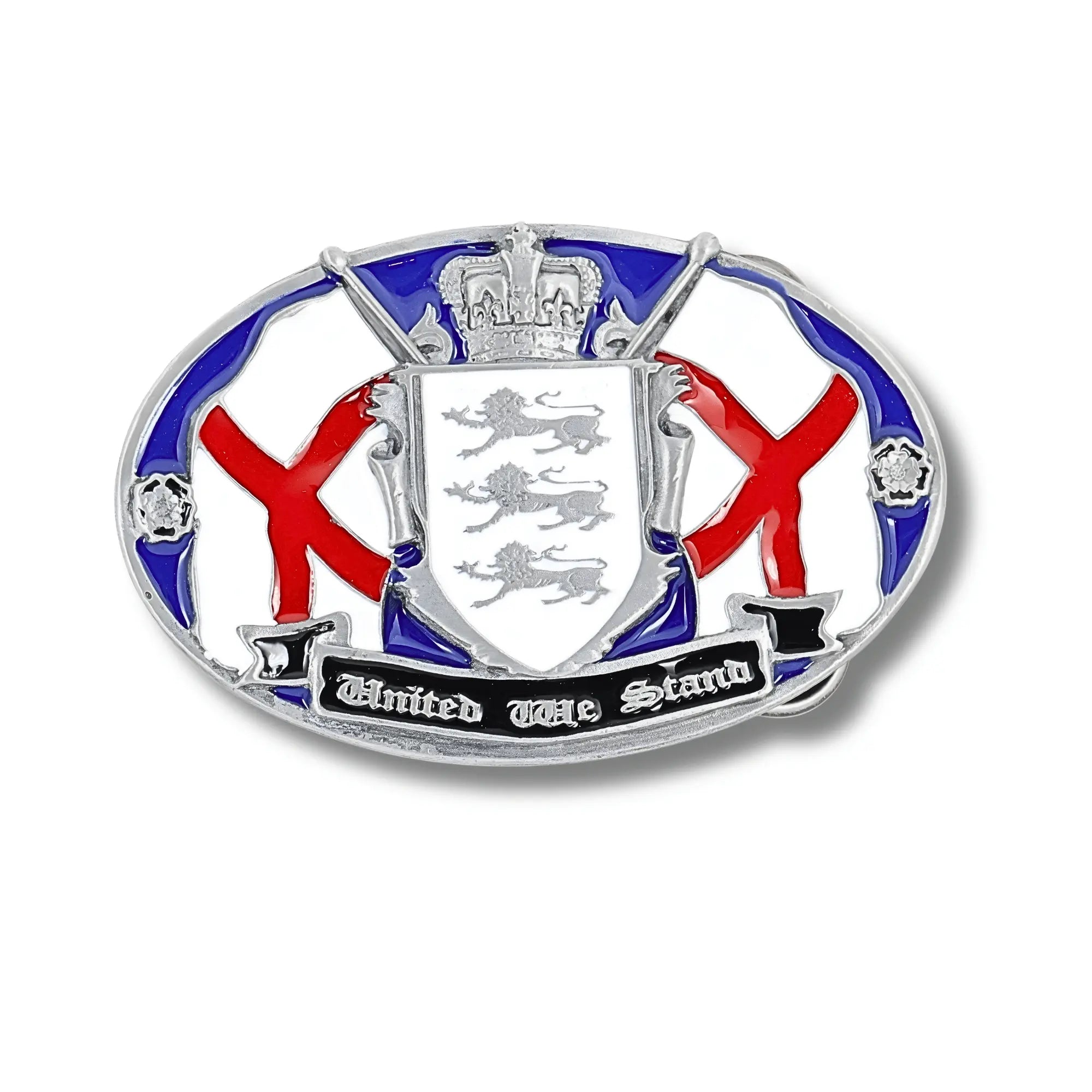 English 3 lions emblem with red, blue, and silver colours on a white background belt buckle