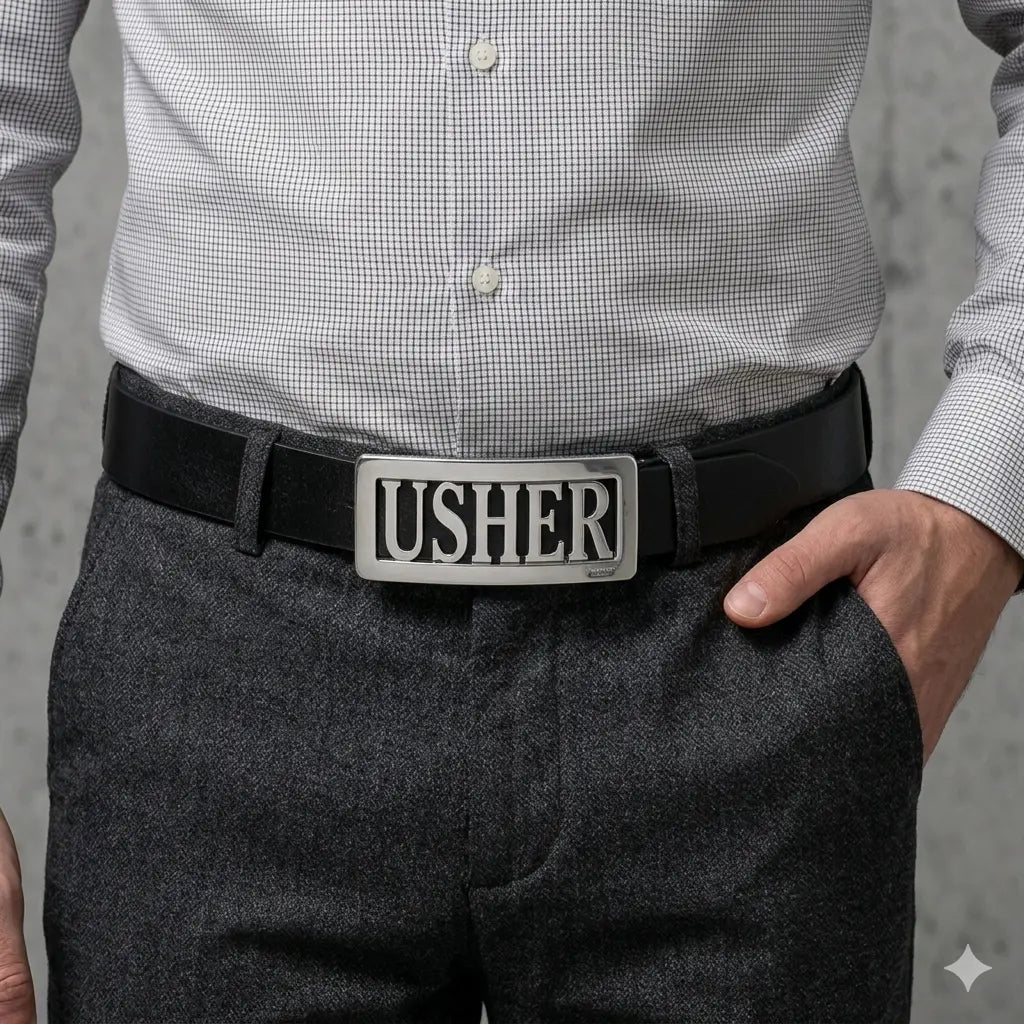 Man wearing usher belt buckle
