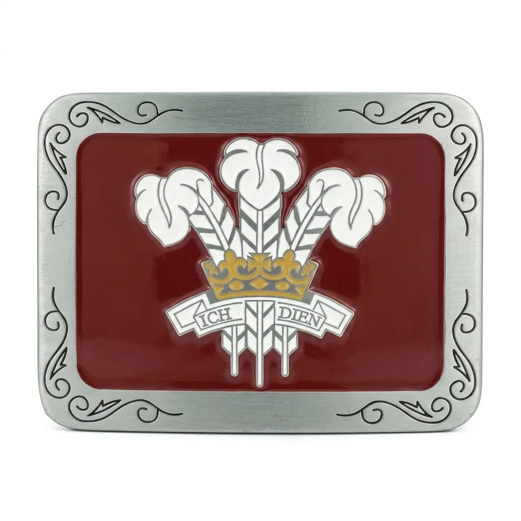Welsh Belt Buckle with prince of wales feathers on a red background
