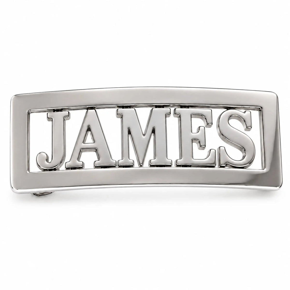 Personalised JAMES name belt buckle in polished chrome lettering