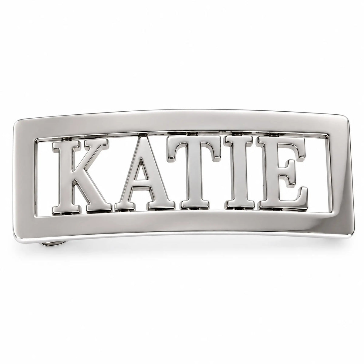 Personalised KATIE name belt buckle in polished chrome lettering