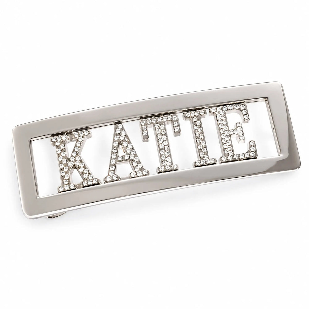 Angled view of personalised KATIE diamanté name belt buckle