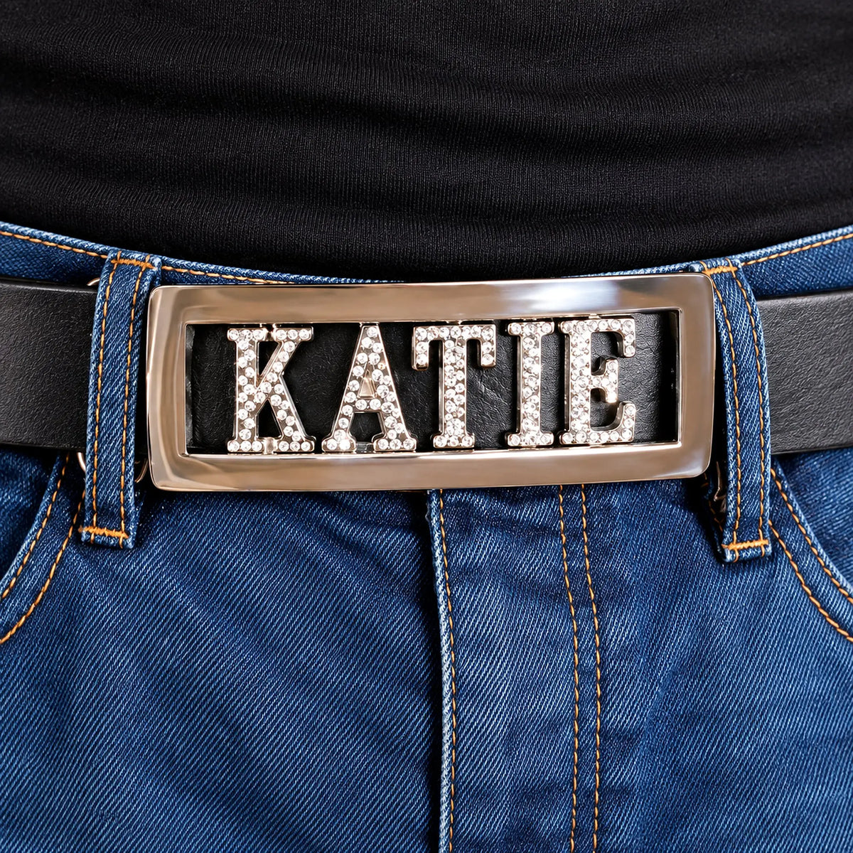 Personalised KATIE diamanté name belt buckle worn on a black leather belt
