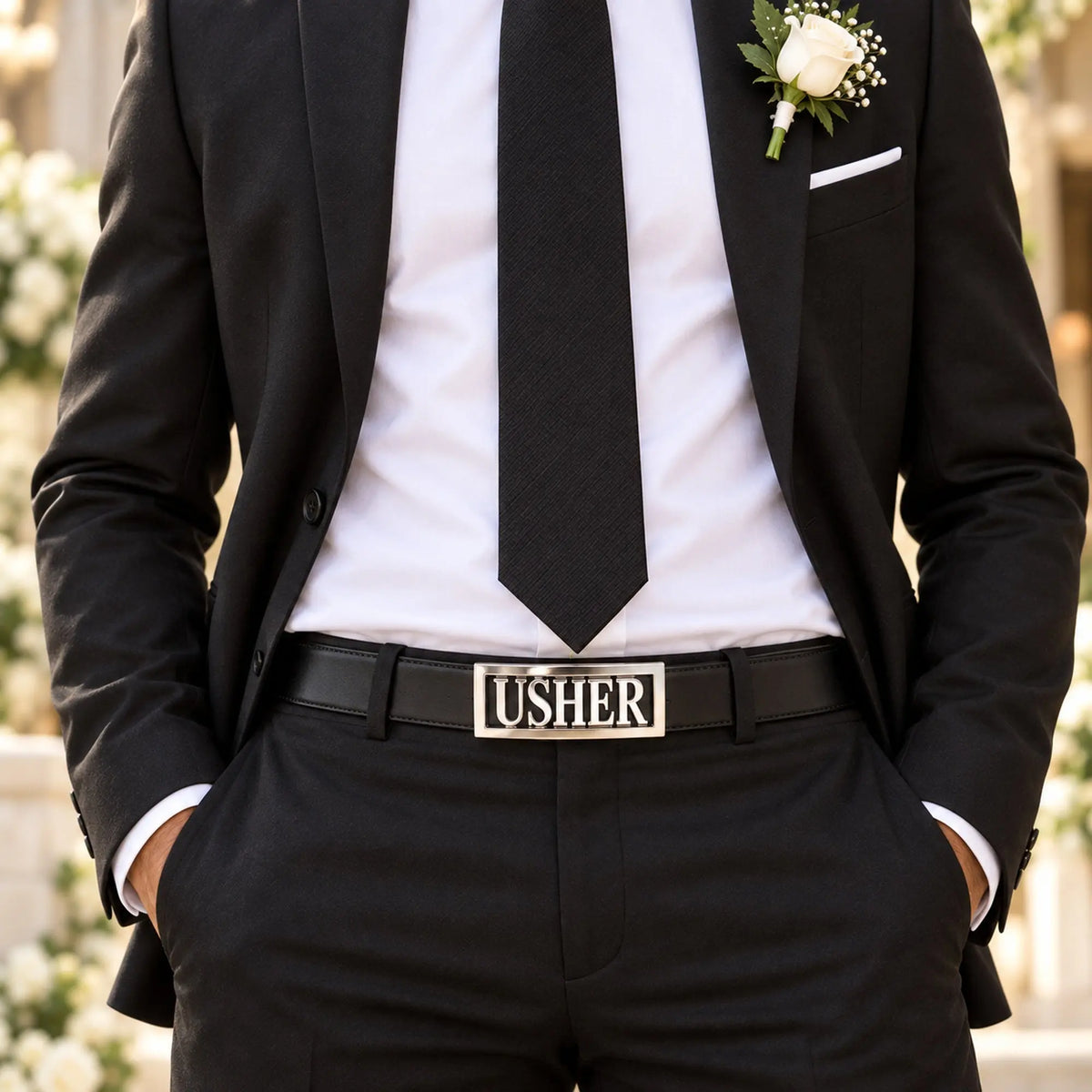 Close-up of personalised USHER belt buckle worn with a black wedding suit on a 38mm leather belt