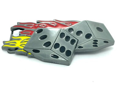 Angle View Metallic dice with flames belt buckle on a white background