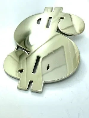 Metallic dollar sign belt buckle on a white background