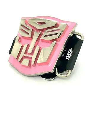 Pink belt buckle with Autobot symbol on a white background