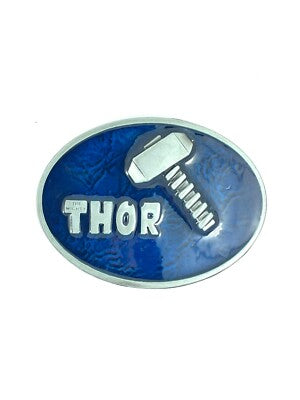 Blue and white Thor belt buckle on a white background