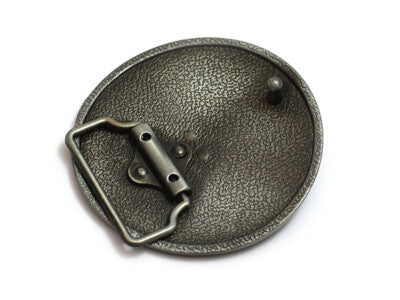 Rear View Metallic pentagram belt buckle with intricate designs on a white background