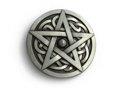 Metallic pentagram belt buckle with intricate designs on a white background