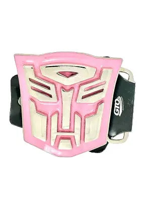 Pink belt buckle with Autobot symbol on a white background