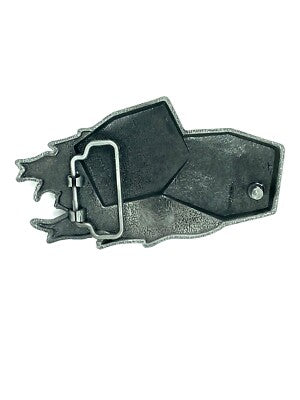 Rear View Metallic dice with flames beelt buckle on a white background