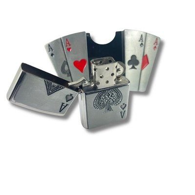 Opened Metallic Ace's playing cards belt buckle on a white background
