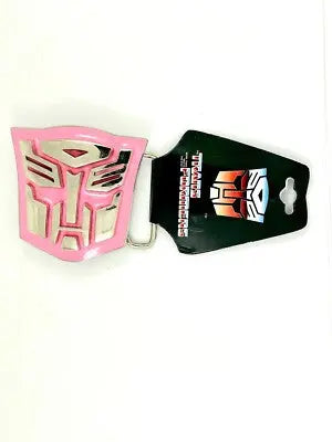 Pink belt buckle with Autobot symbol on a white background