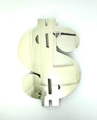 Metallic dollar sign belt buckle on a white background
