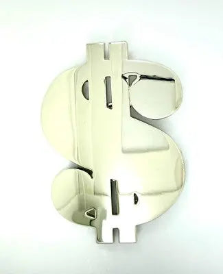 Metallic dollar sign belt buckle on a white background