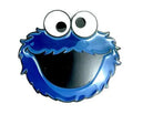 Blue elmo character belt buckle with large eyes on a white background