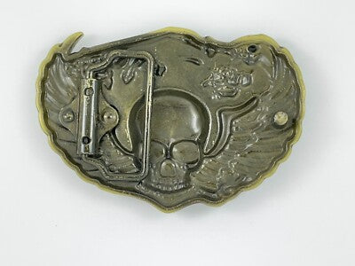 Rear View Decorative belt buckle with skull design and floral elements on a white background