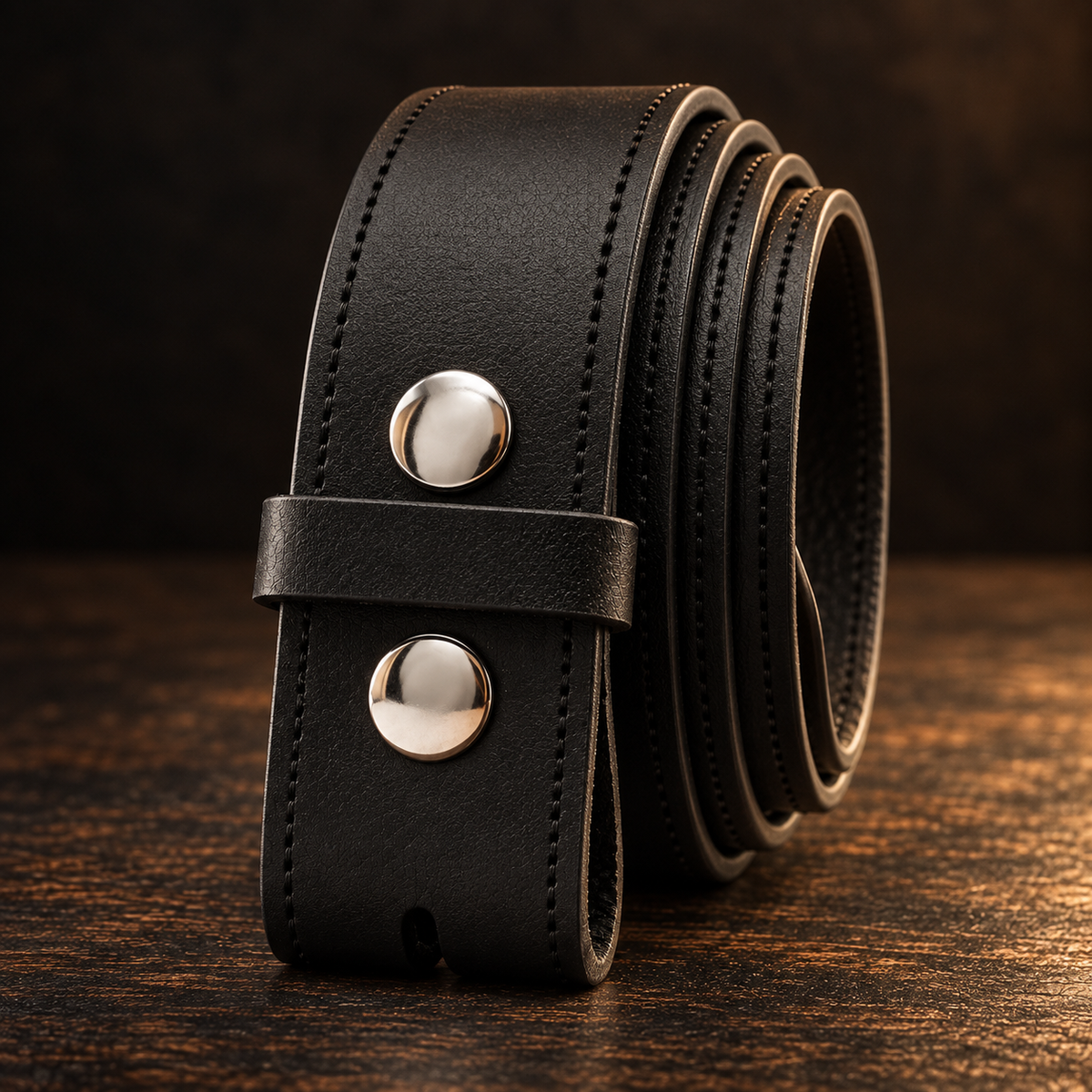 A 38mm black leather snap-on belt with two polished silver-tone metal press-studs, coiled and standing upright on a dark wooden surface.