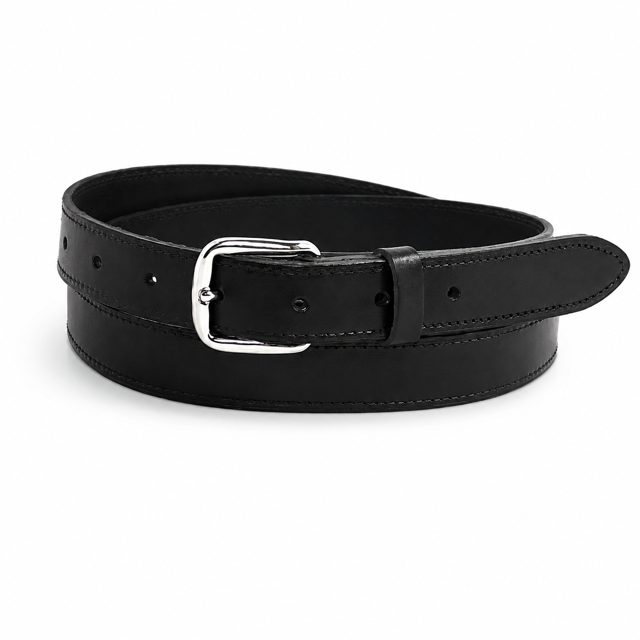 25mm Black leather belt with a silver buckle on a white background