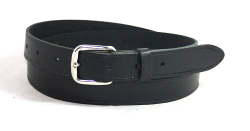 Black 1" leather belt with a silver buckle on a white background