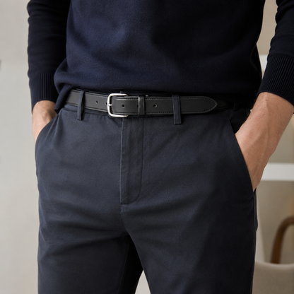 Person wearing navy sweater and pants with a 25mm black leather belt.