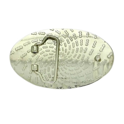 Metallic oval badge with embossed design on a white background