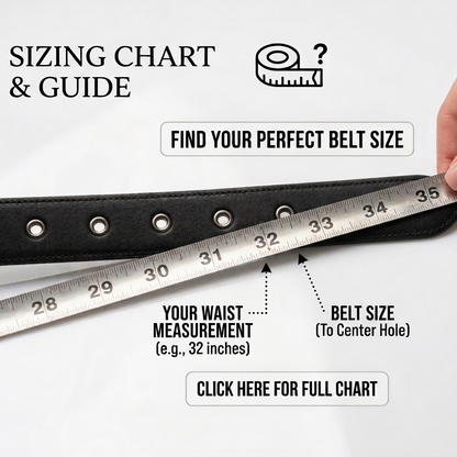 Belt sizing chart with a hand holding a measuring tool on a white background