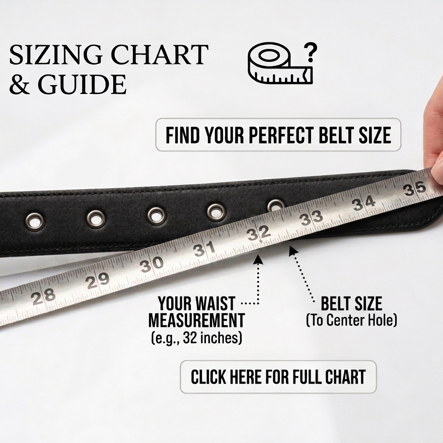 Belt sizing chart with a hand holding a measuring tool on a white background