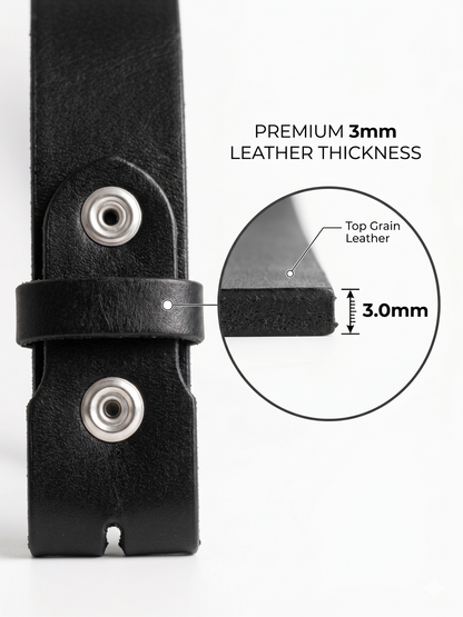 Black leather strap with a close-up of its thickness measurement on a white background