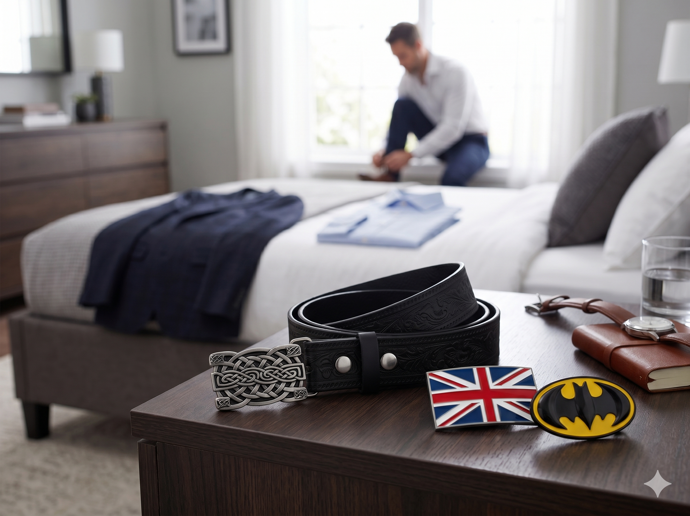 Black belt with buckles on a table in a bedroom setting