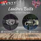 Leather belt for buckles showing different interchangeable buckles