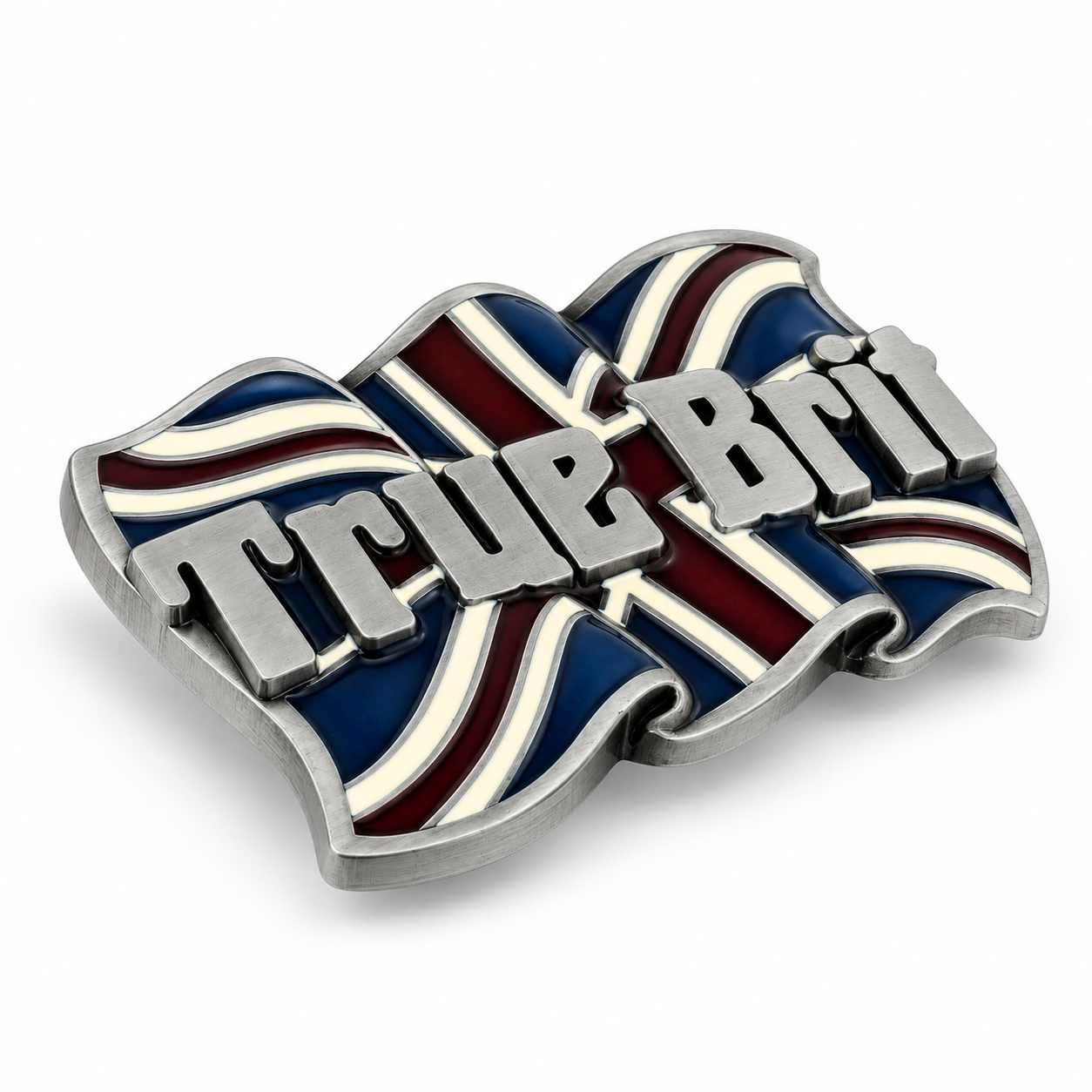 Angled view of True Brit Union Jack belt buckle showing raised metal detailing