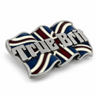 Angled view of True Brit Union Jack belt buckle showing raised metal detailing